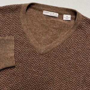 American Blue Pure Cashmere V Neck Chevron Sweater Men Size Medium Brown Luxury